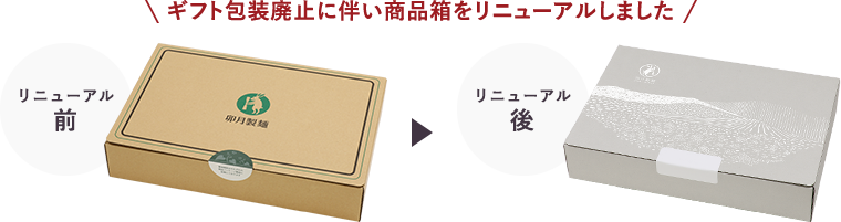 ギフト包装廃止に伴い商品箱をリニューアルいたします。リニューアル前は茶色の箱でリニューアル後はグレーに変更